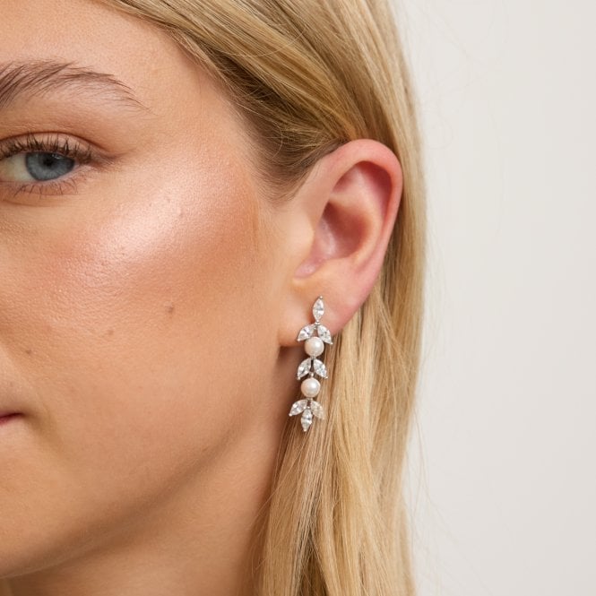 Jon Richard Jon Richard Rhodium Plated Pearl And Crystal Leaf Drop Earrings