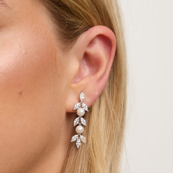 Jon Richard Jon Richard Rhodium Plated Pearl And Crystal Leaf Drop Earrings