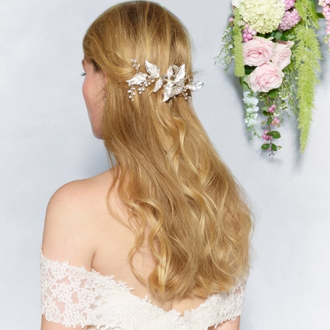 Jon Richard Jon Richard Silver Lily Textured Leaf And Crystal Hair Clip