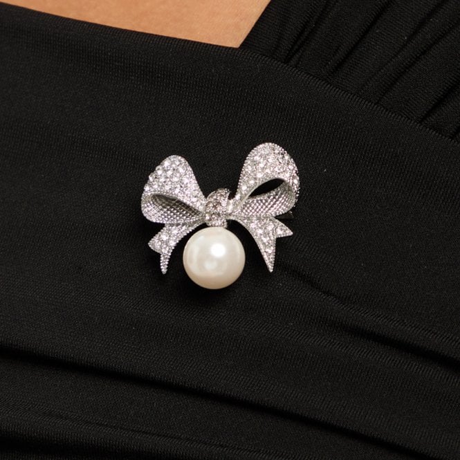 Jon Richard Jon Richard Silver Plated And Pearl And Crystal Bow Brooch - Gift Box