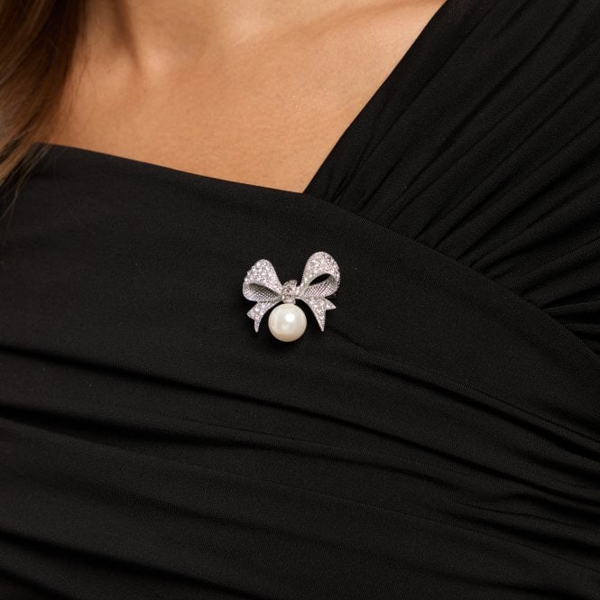 Jon Richard Jon Richard Silver Plated And Pearl And Crystal Bow Brooch - Gift Box