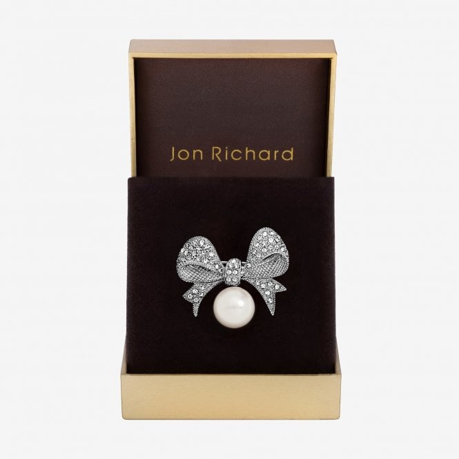 jon richard Jon Richard Silver Plated and Pearl and Crystal Bow Brooch - Gift Box