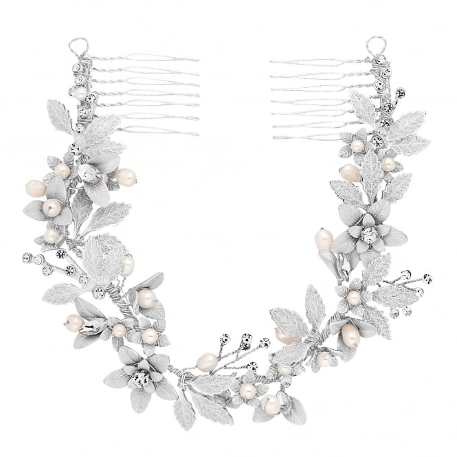 jon richard Jon Richard Silver Plated Clara Brushed Leaves Fresh Water Pearl And Crystal Double Comb - Gift Pouch