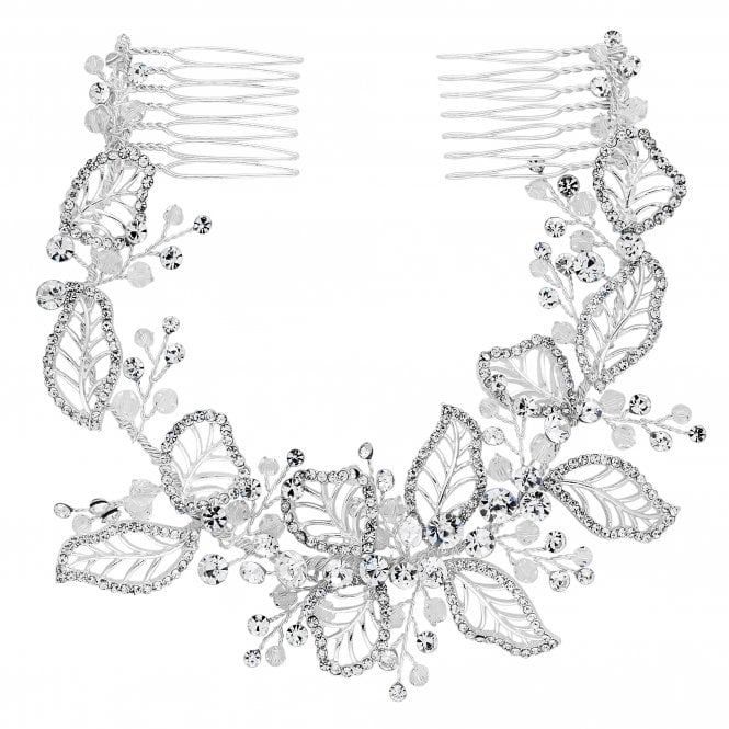 jon richard Jon Richard Silver Plated Clear Crystal Olivia Pave Leaf Double Hair Comb - Gift Pouch