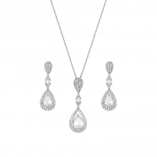 Jon Richard Jon Richard Silver Plated Clear Crystal Pave 3 Tier Pear Drop Matching Set - Gift Box