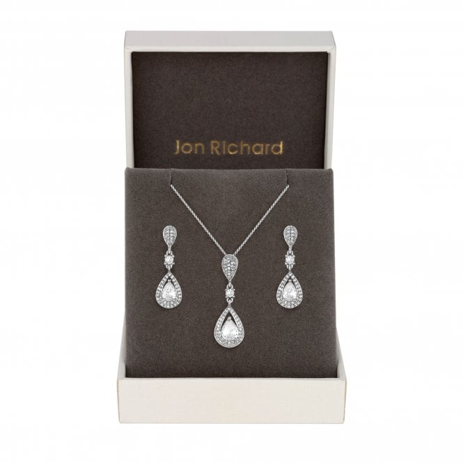 jon richard Jon Richard Silver Plated Clear Crystal Pave 3 Tier Pear Drop Matching Set - Gift Box