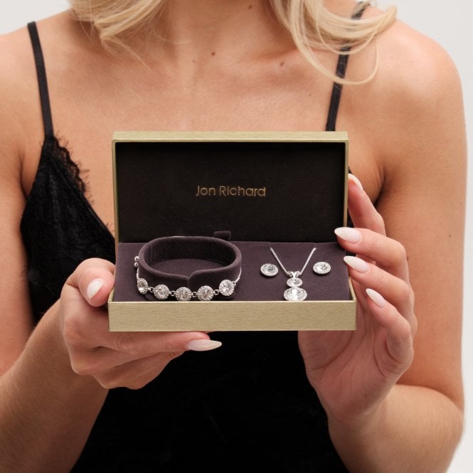 Jon Richard Jon Richard Silver Plated Crystal Halo Double Solitaire Trio Set - Gift Boxed