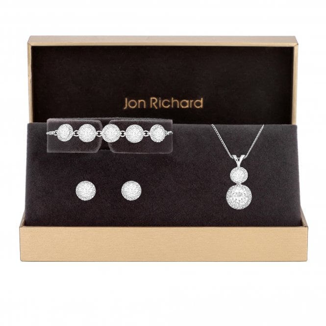 jon richard Jon Richard Silver Plated Crystal Halo Double Solitaire Trio Set - Gift Boxed