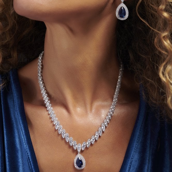 Jon Richard Jon Richard Silver Plated Cubic Zirconia Baguette Navette Blue Sapphire Pear Drop Necklace - Gift Boxed