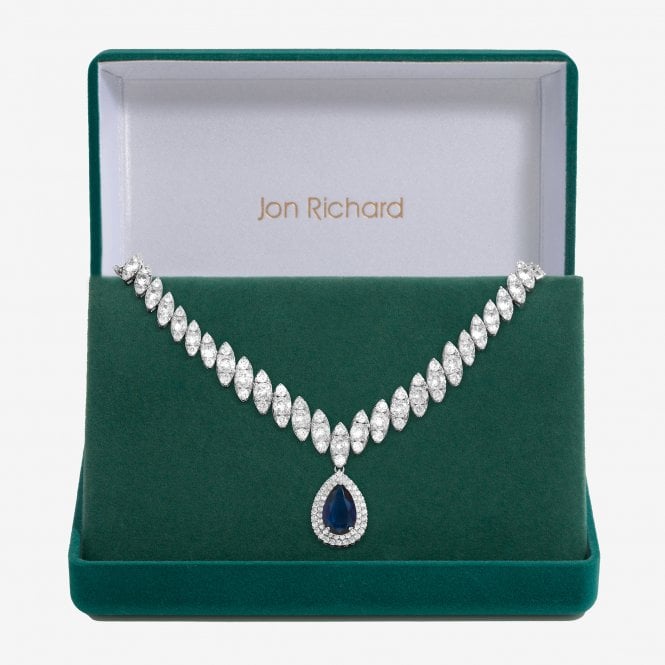 jon richard Jon Richard Silver Plated Cubic Zirconia Baguette Navette Blue Sapphire Pear Drop Necklace - Gift Boxed