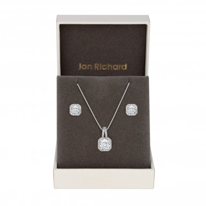 jon richard Jon Richard Silver Plated Cubic Zirconia Square Drop Pendant And Earring Set - Gift Boxed