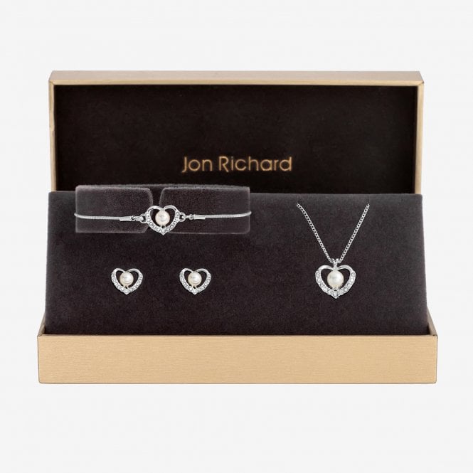 jon richard Jon Richard Silver Plated Pearl And Crystal Heart Trio Set - Gift Boxed