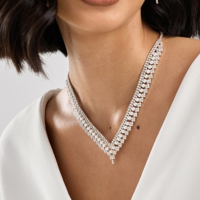 Jon Richard Jon Richard Silver Plated Pearl And Crystal V Necklace