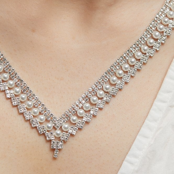 Jon Richard Jon Richard Silver Plated Pearl And Crystal V Necklace
