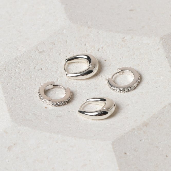 Jon Richard Jon Richard Silver Plated Polished And Pave Hoops - Pack Of 2