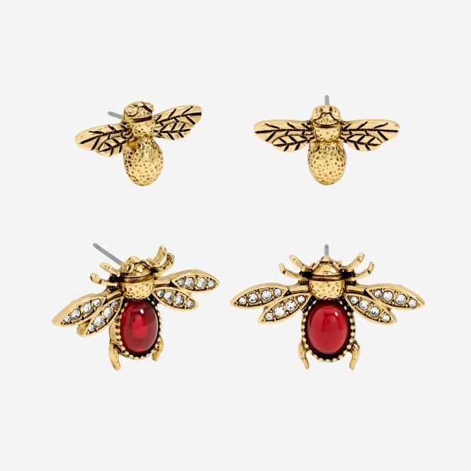 jon richard MOOD Antique Gold Polished & Red Insect Stud Earrings - Pack of 2