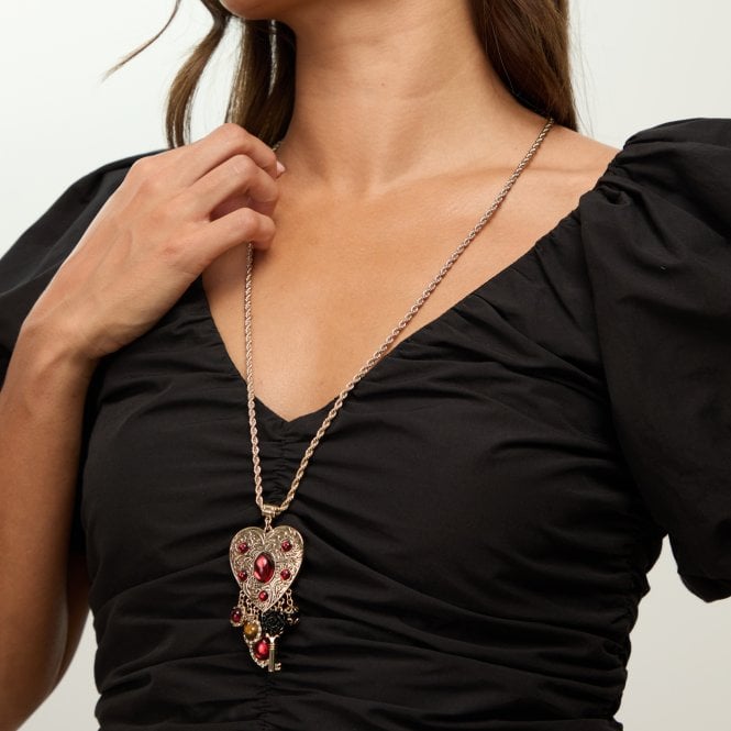 Jon Richard MOOD Antique Gold & Red Resin Heart Charm Long Necklace