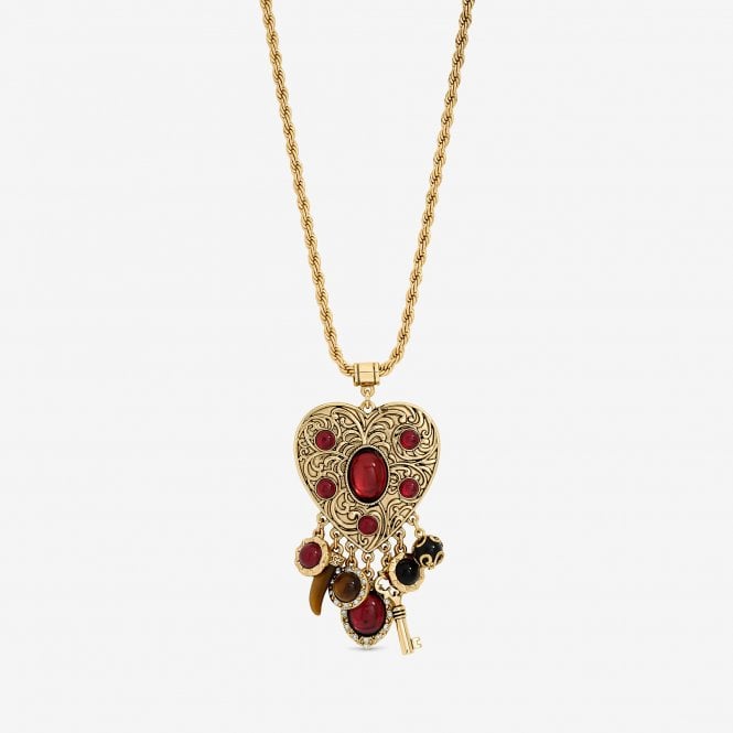 jon richard MOOD Antique Gold & Red Resin Heart Charm Long Necklace
