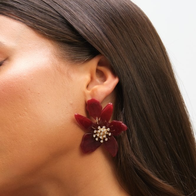 Jon Richard MOOD Burgundy Resin Flower Statement Drop Earrings