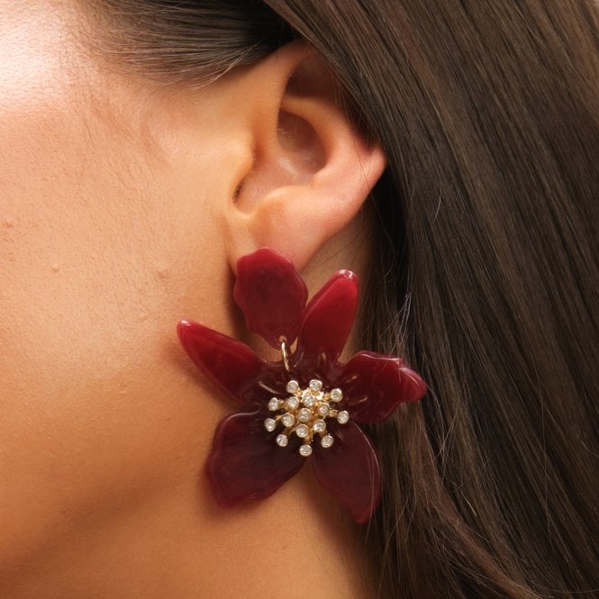 Jon Richard MOOD Burgundy Resin Flower Statement Drop Earrings