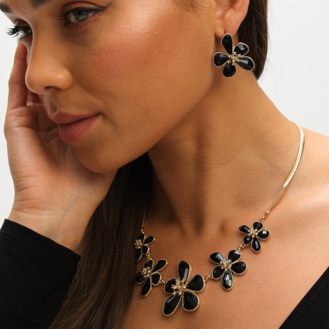 Jon Richard MOOD Gold Crystal And Jet Glass Flower Neckalce