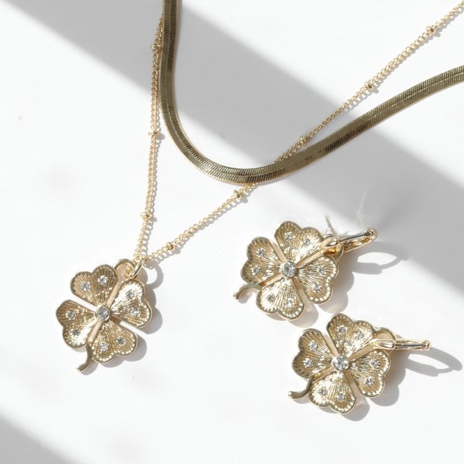 Jon Richard MOOD Gold & Crystal Clover Charm Huggie Earrings