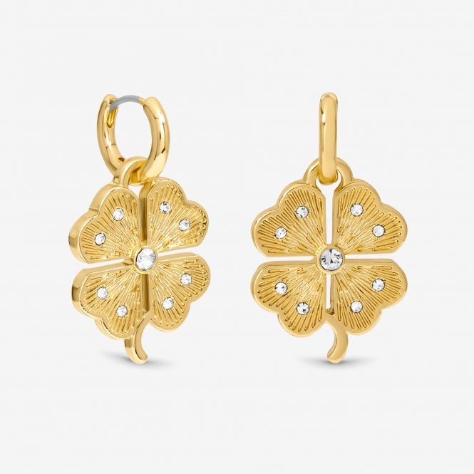 jon richard MOOD Gold & Crystal Clover Charm Huggie Earrings