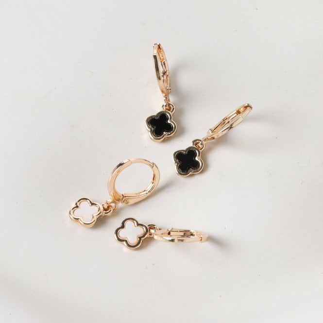 Jon Richard MOOD Gold Crystal Mother Of Pearl And Black Clover Huggie Hoop Earrings - Pack Of 2