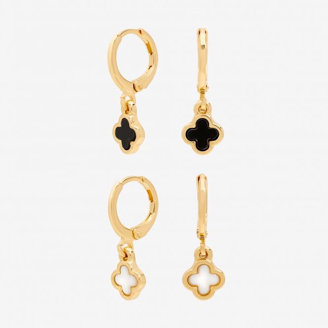 jon richard MOOD Gold Crystal Mother Of Pearl And Black Clover Huggie Hoop Earrings - Pack Of 2