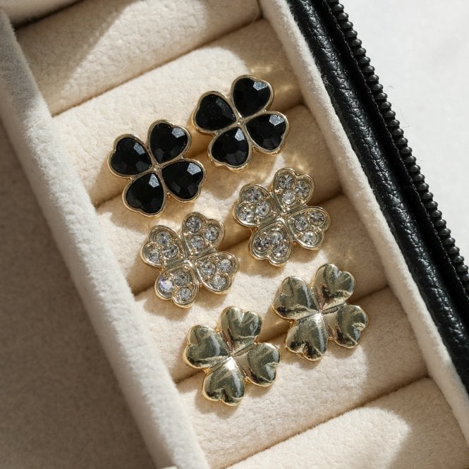 Jon Richard MOOD Gold & Jet Crystal Clover Stud Earrings - Pack Of 3