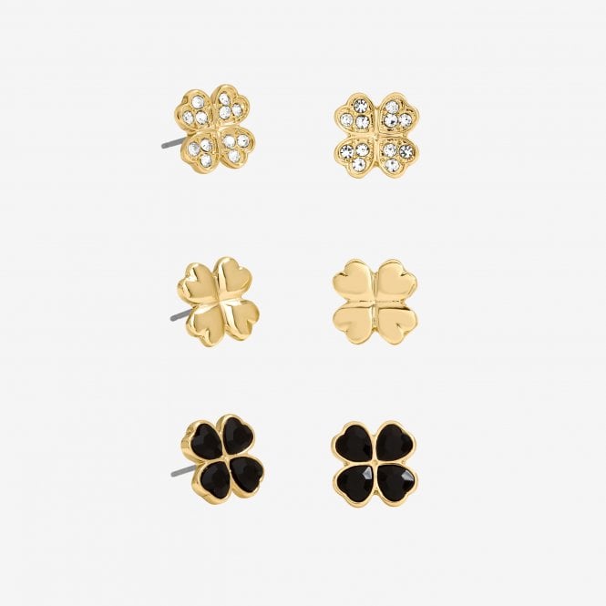 jon richard MOOD Gold & Jet Crystal Clover Stud Earrings - Pack Of 3