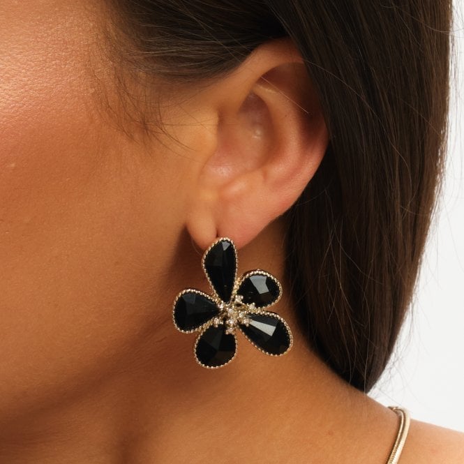 Jon Richard MOOD Gold Jet Glass Facet Flower Stud Earrings