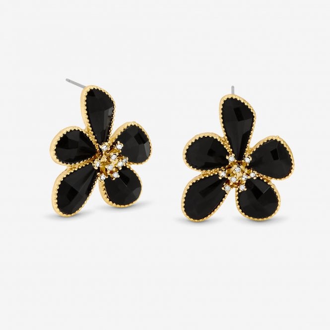 jon richard MOOD Gold Jet Glass Facet Flower Stud Earrings