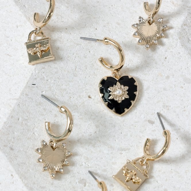 Jon Richard MOOD Gold Locket & Jet Heart Huggie Charm Earrings - Pack Of 3