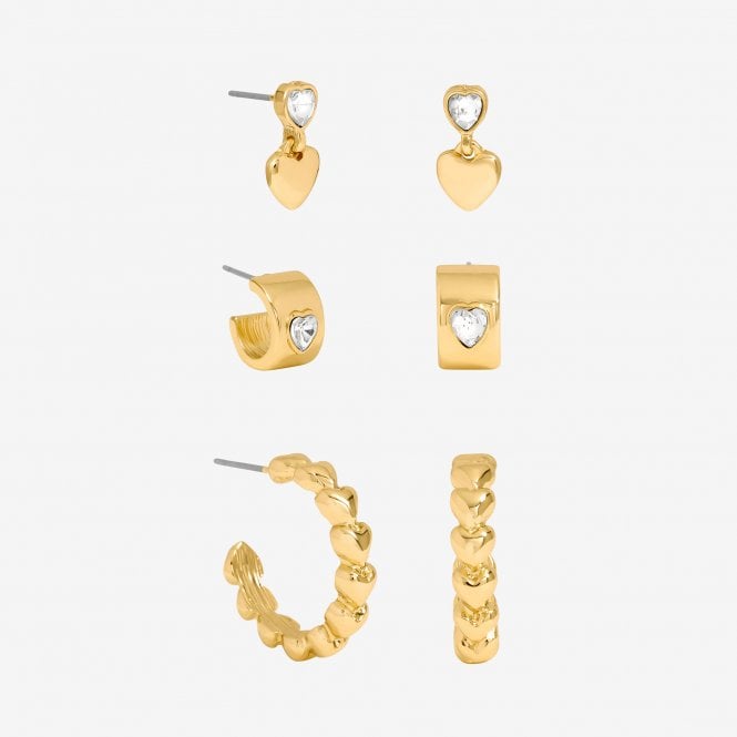 jon richard MOOD Gold Polished & Crystal Heart Earrings - Pack of 3