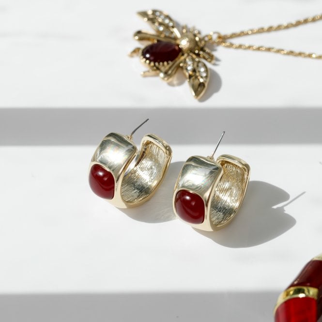 Jon Richard MOOD Gold Polished & Red Resin Chubby Hoop Earrings