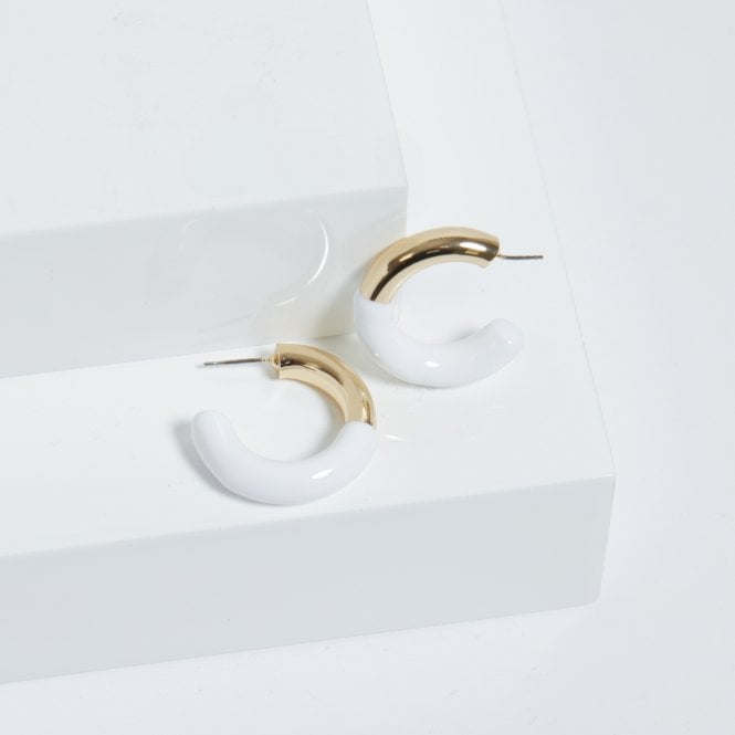 Jon Richard MOOD Gold White Half Enamel Hoop Earrings