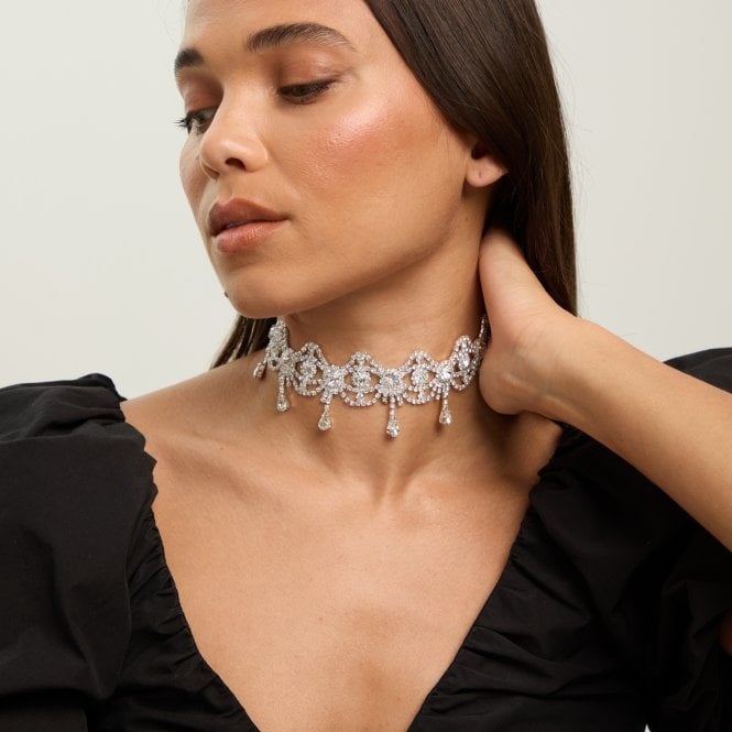 Jon Richard MOOD Silver Crystal Bow Drop Statement Choker