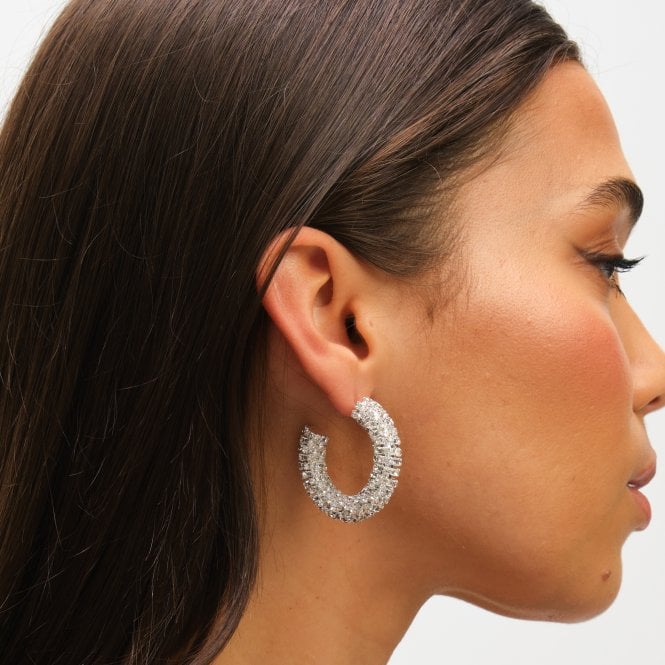 Jon Richard MOOD Silver Crystal Chubby Hoop Earrings