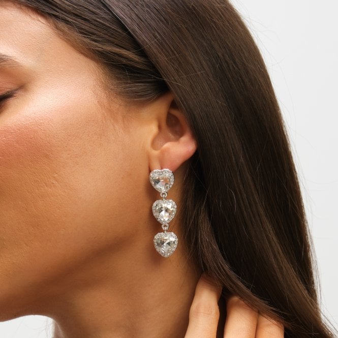 Jon Richard MOOD Silver Crystal Heart Triple Drop Statement Earrings