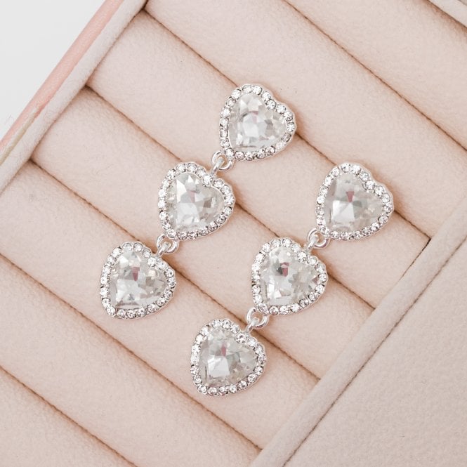 Jon Richard MOOD Silver Crystal Heart Triple Drop Statement Earrings