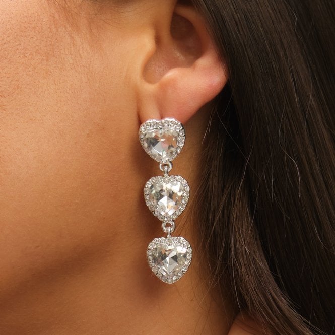 Jon Richard MOOD Silver Crystal Heart Triple Drop Statement Earrings