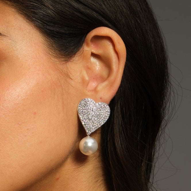 Jon Richard MOOD Silver Crystal Heart With Pearl Drop Statement Earrings