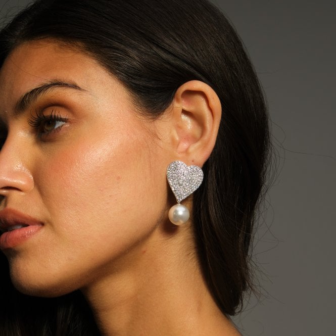 Jon Richard MOOD Silver Crystal Heart With Pearl Drop Statement Earrings