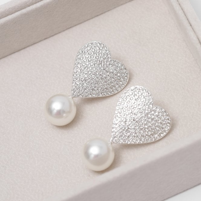 Jon Richard MOOD Silver Crystal Heart With Pearl Drop Statement Earrings