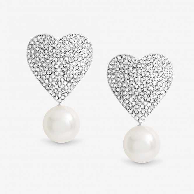 jon richard MOOD Silver Crystal Heart With Pearl Drop Statement Earrings