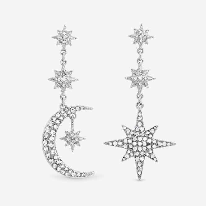 jon richard MOOD Silver Crystal Moon And Star Statement Drop Earrings