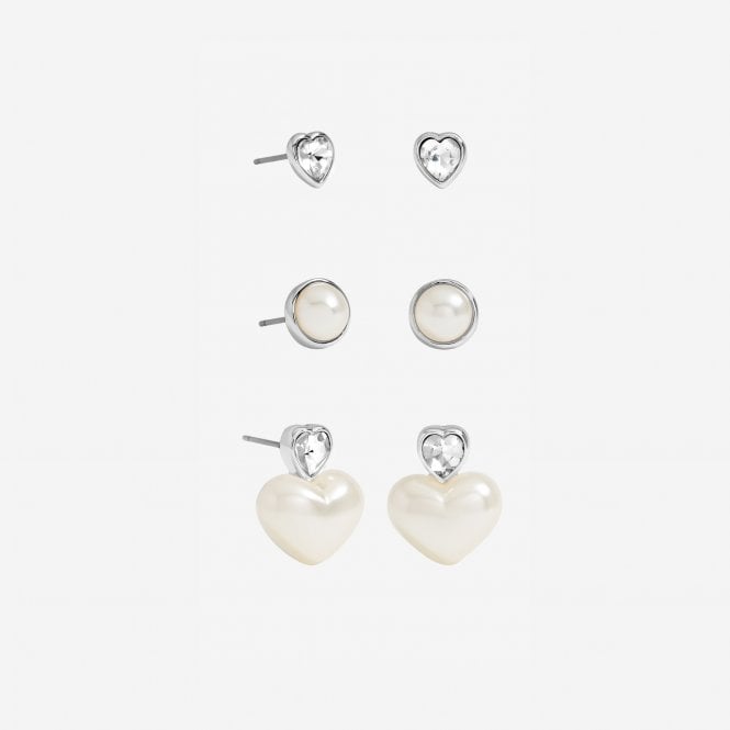 jon richard MOOD Silver Crystal & Pearl Heart Earrings - Pack of 3