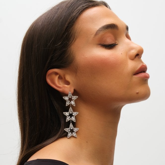 Jon Richard MOOD Silver Crystal Triple Star Statement Drop Earrings
