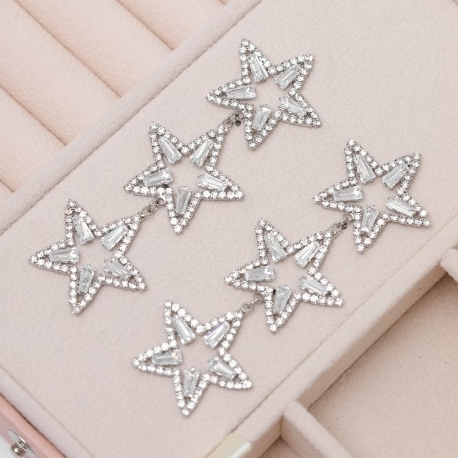Jon Richard MOOD Silver Crystal Triple Star Statement Drop Earrings
